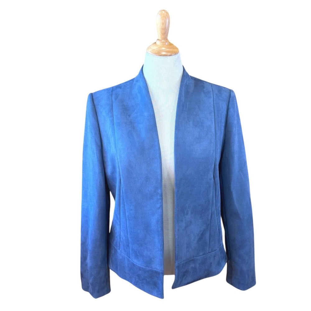 Tahari Arthur S. Levine Women Blue Faux Suede Open Front Blazer Jacket Size 16